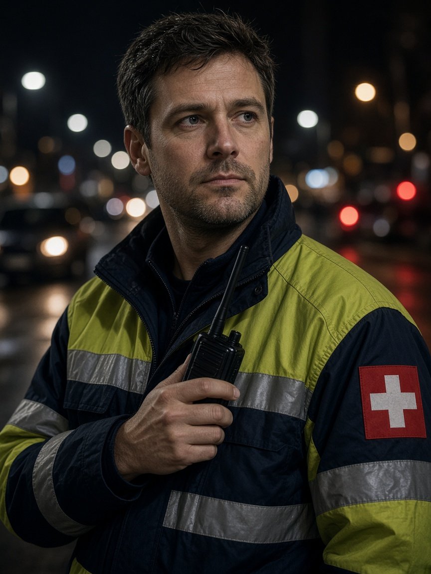 Secouriste en gilet haute visibilité, radio en main, de nuit