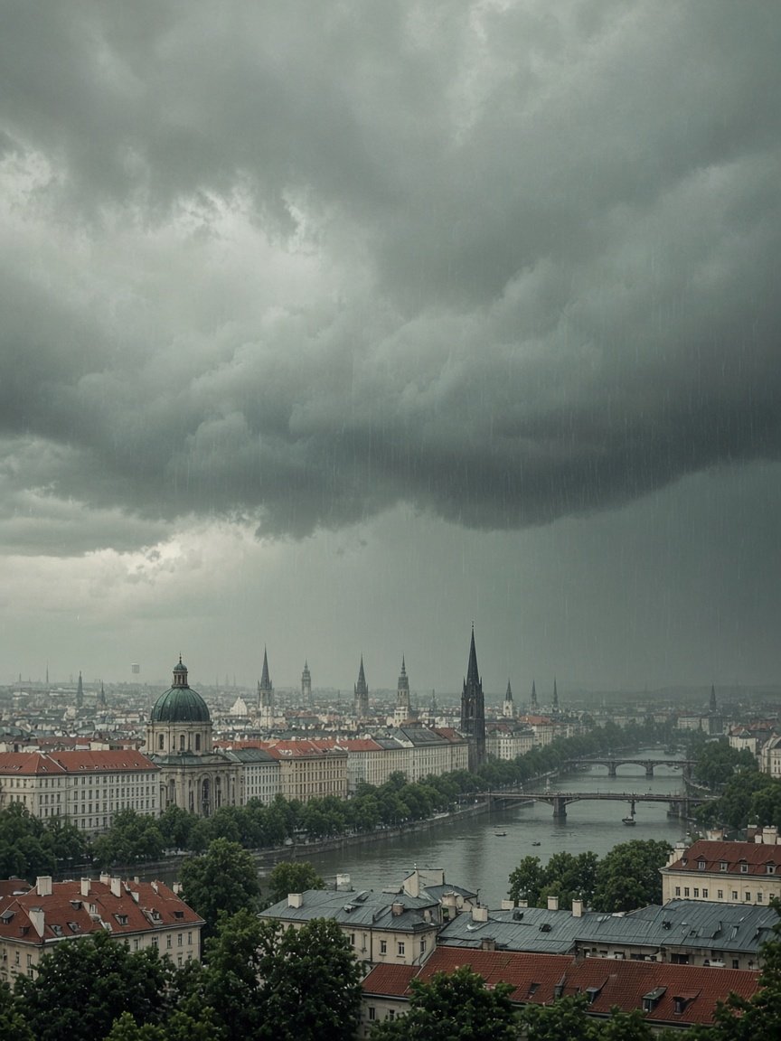 Ville sous un ciel d’orage vert-gris, la pluie qui commence