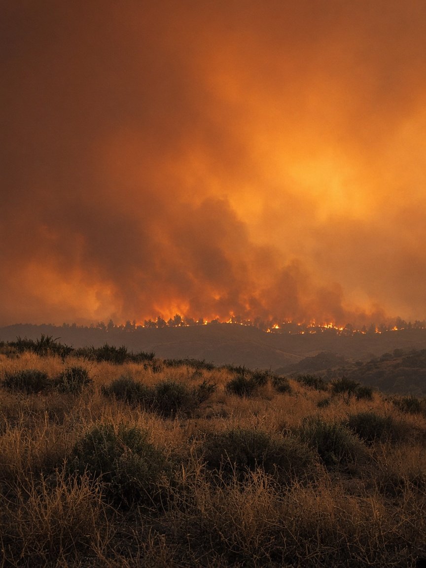 Ciel orange d’un feu de forêt au-dessus d’une colline sèche